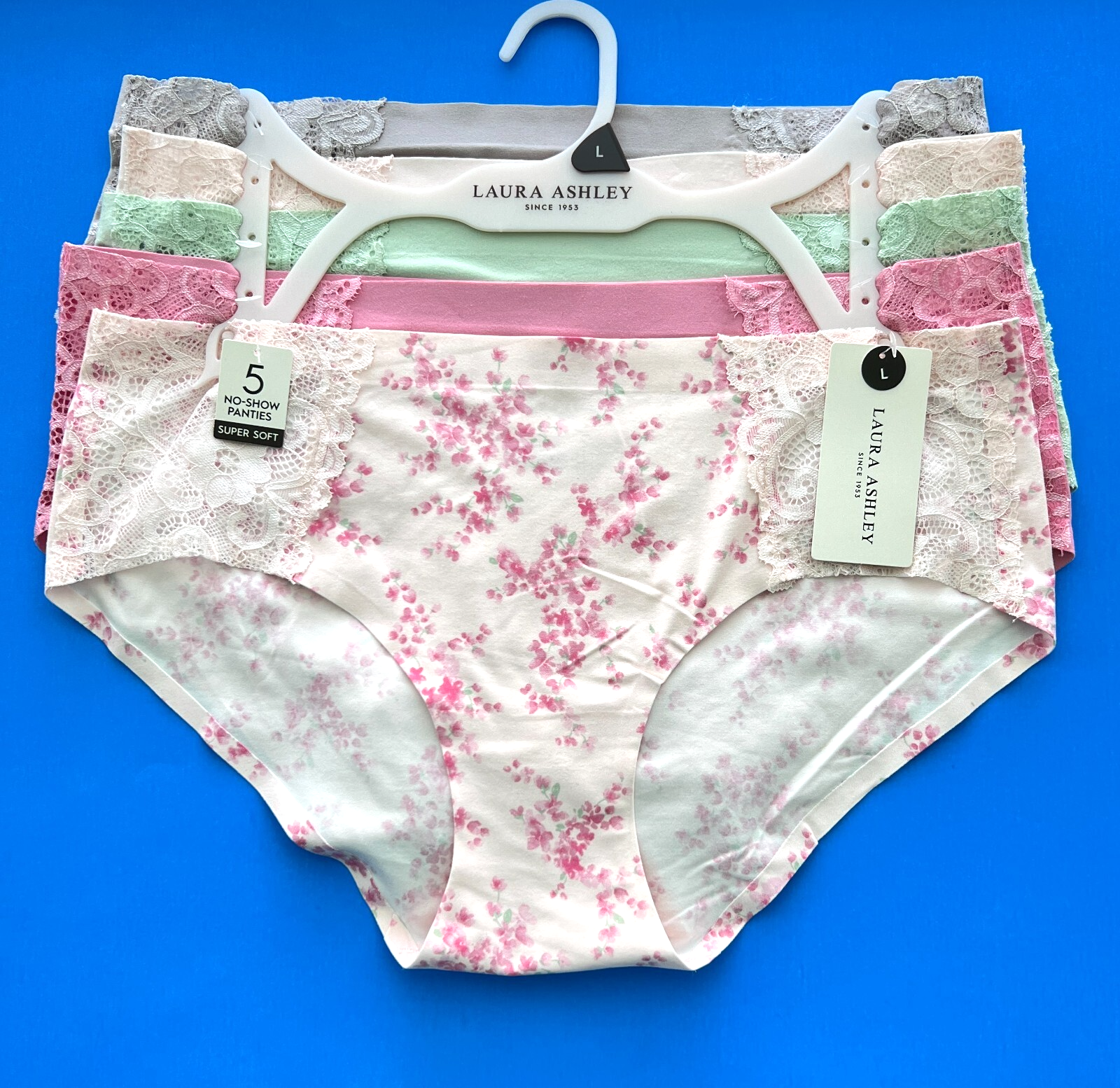Laura Ashley 5 pk Size L No Show Lace Hipsters Panties Super