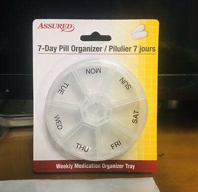 Assured 7-DAY PILL ORGANIZER Small Pills Daily Labels Round Clear. Lot of 2. A+