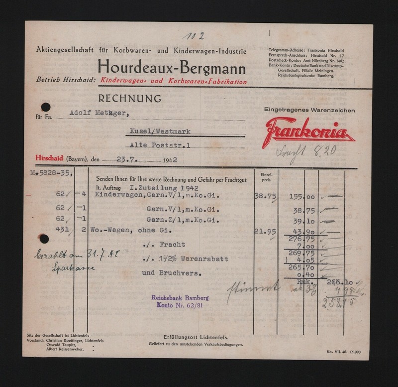 Hirschaid, Rechnung 1942, Hourdeaux-Bergmann Ag FÃ¼R Kinderwagen-Korbwagen-Fabrik