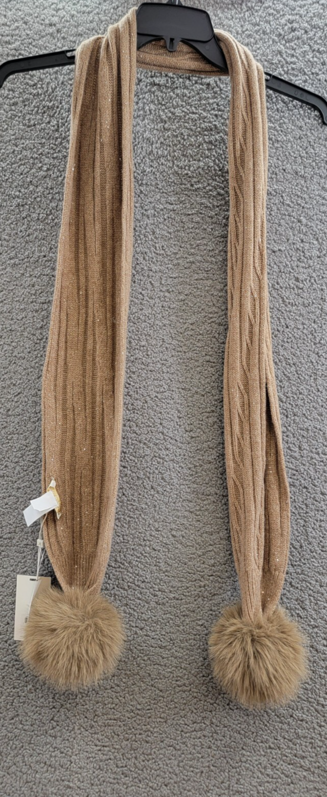 Adrienne Landau Wool The Lyla Scarf Women's One Size Camel Pom-Poms At Ends~ - Picture 11 of 15