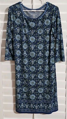 MAX STUDIO Dress Womens L Blue White Floral Print~Pleated Fit & Flare~3/4 Sleeve