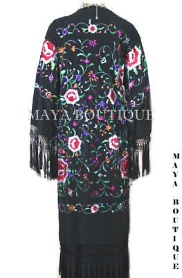 Pre-owned Maya Matazaro Embroidered Silk Fringe Jacket Flamenco Kimono Black & Multi