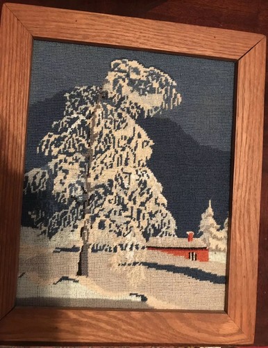 Completed Solid  Wood  Framed Needlepoint Picture Winter Scene Canin  16.5”x 14”