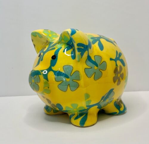 Yellow Ceramic Piggy Coin Bank with Glazed Cloth Floral Pattern 