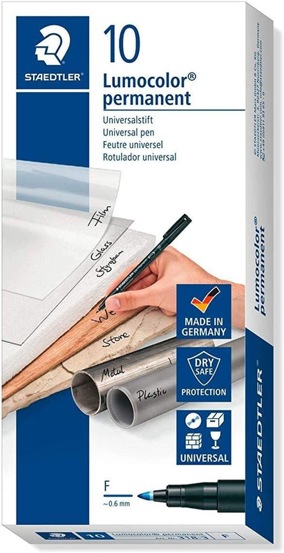 STAEDTLER 318-3 Lumocolor Universal Permanent Fine Pens - Blue, Pack of 10, Box