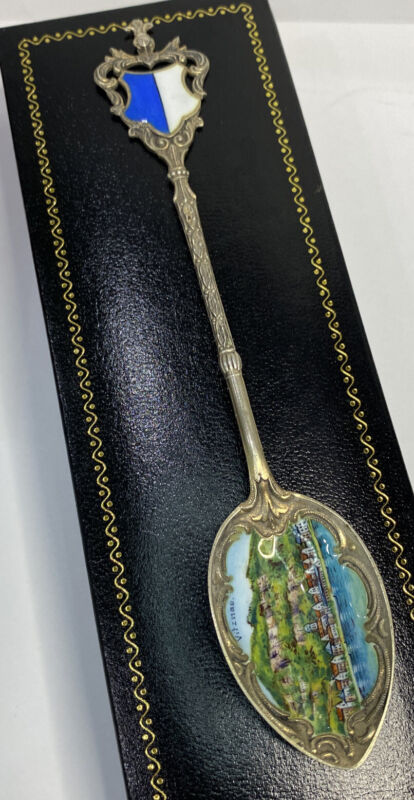 Antique Silver 800 Switzerland Vitznau Enamel Souvenir Collector Spoon 5.25”