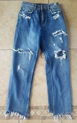 Womens Zara Trafaluc Ripped Straight Jeans Raw Uneven Hem Size 2