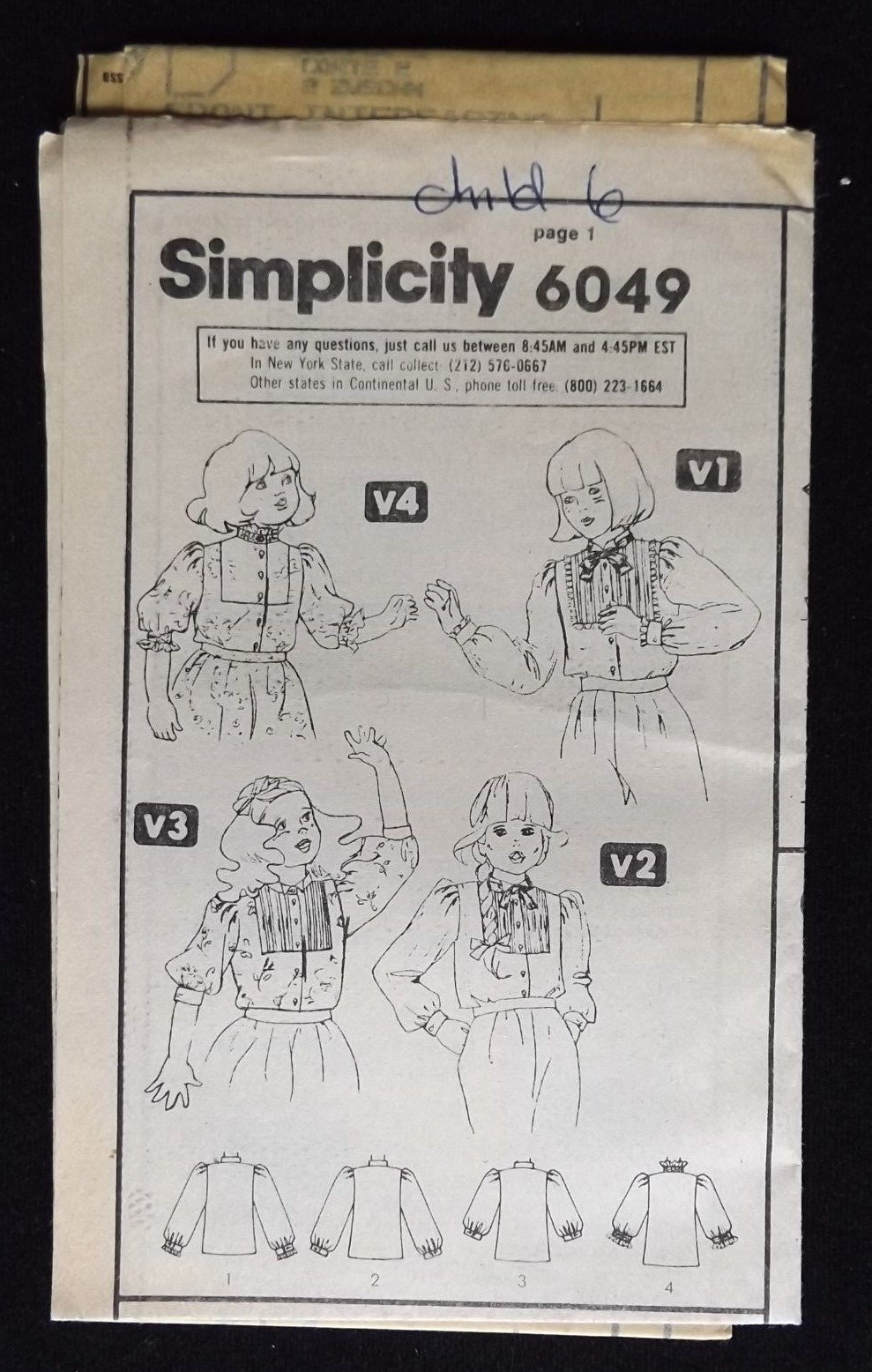 Simplicity Girls Front Yoke Bib Blouse Pattern  Child Size 6