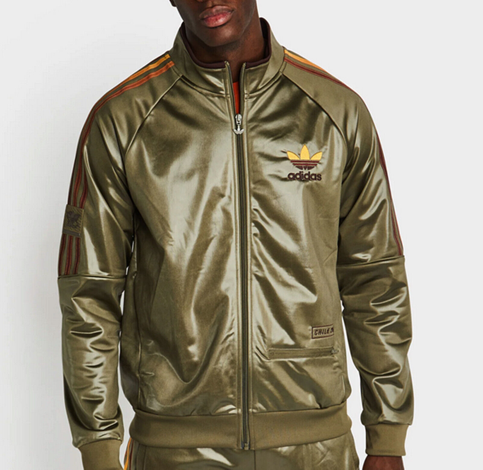 ADIDAS ORIGINALS CHILE 20 TRACK TOP WET LOOK OLIVE 3 STRIPES ADIDAS ORIGINALS CHILE 20 TRACK TOP WET LOOK OLIVE 3 STRIPES