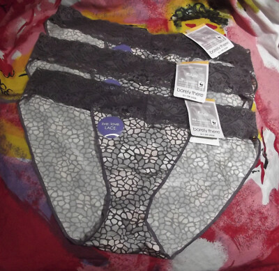 3 NEW BARELY THERE 24T9 GIRAF INVISIBLE LOOK MF LACE WAIST BIKINI PANTIES L/7