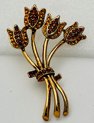  Vintage Look Juliana Style Gold Tone 90 Topaz Crystal Tulip Pin Brooch