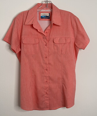 Magellan Outdoor Fish Gear Shirt Womens L Coral Short Sleeve Button Up Pockets