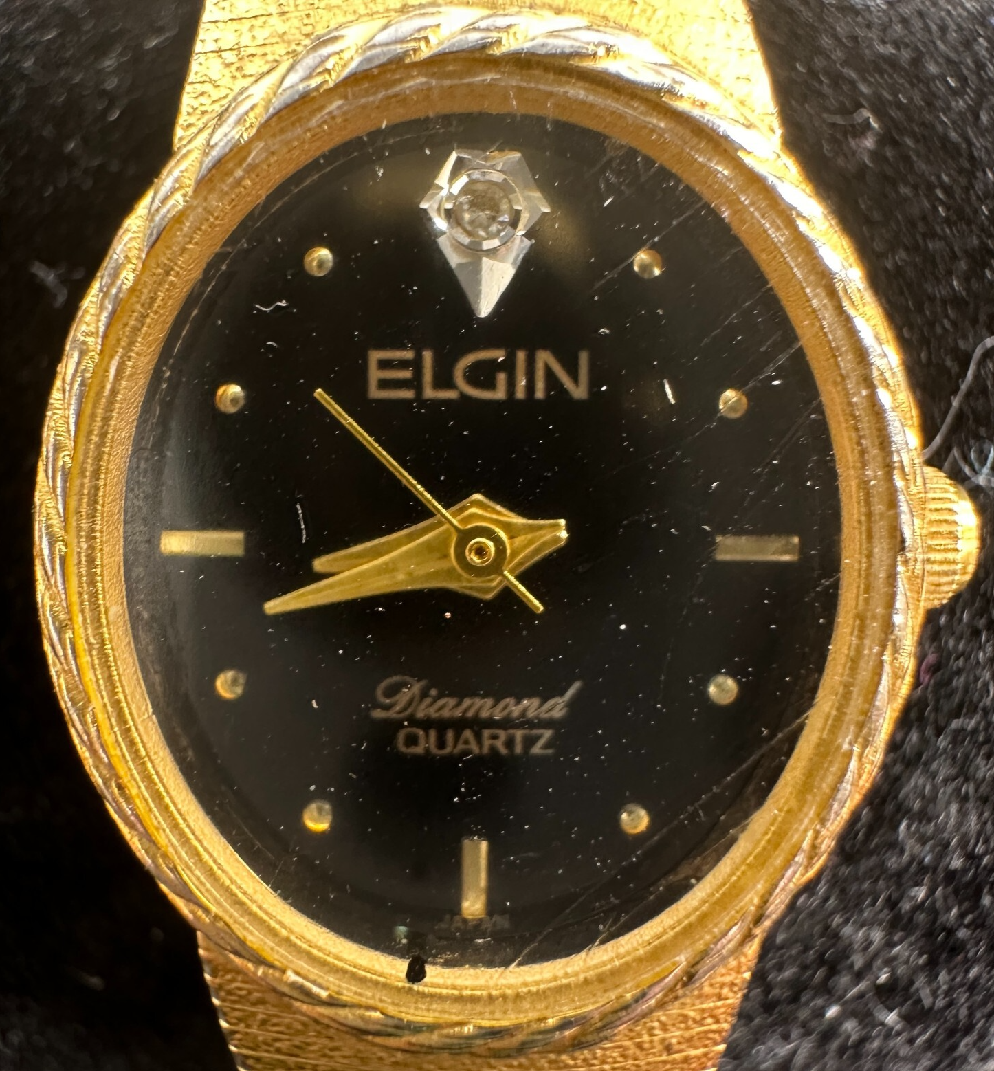 Vintage Elgin Gold Tone, Black Face Woman's Diamond Quartz Watch