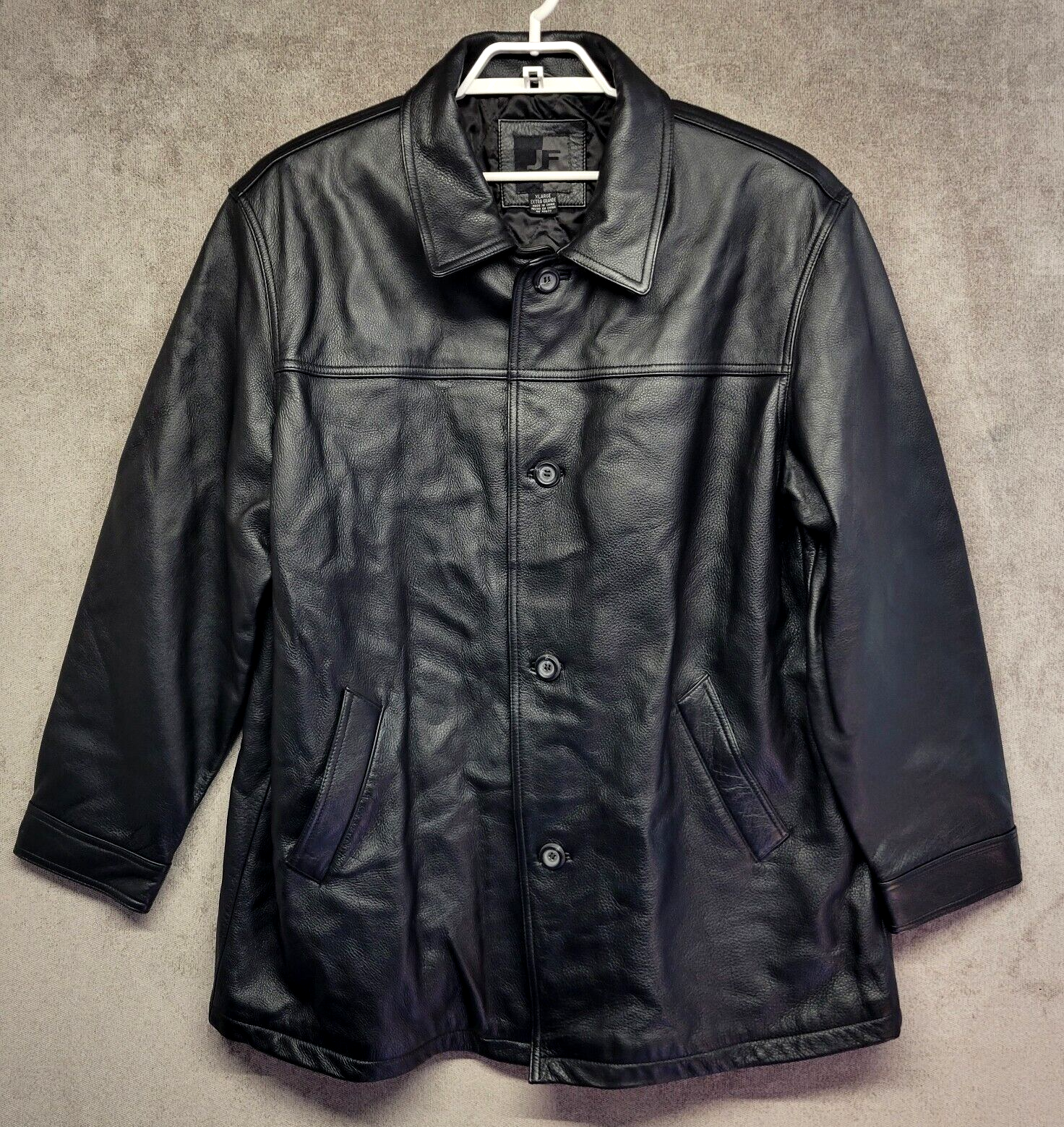 JF J. Ferrar Black Leather Coat Mens XL Button Front Quilted JF J. Ferrar Black Leather Coat Mens XL Button Front Quilted