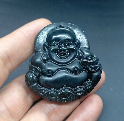 Carved The Buddha,natural black green jade stone pendant,amulet rope necklace