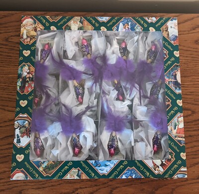 Old World Christmas  Lovebirds Miniature Set 12 Ornaments Feathers Purple Pink 