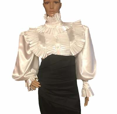 Pre-owned Handmade Satin Ruffle High-neck Blouse In White