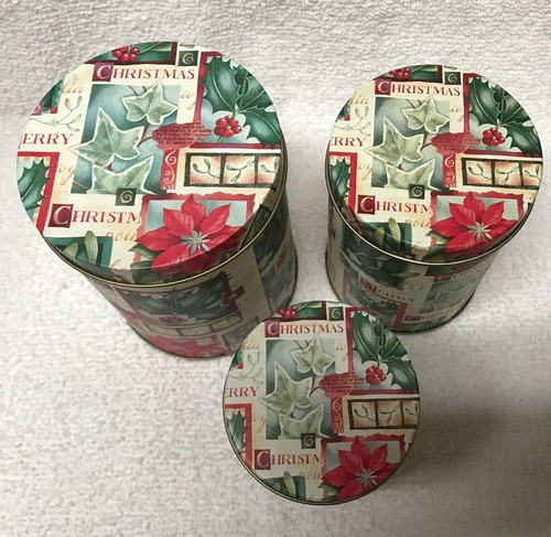 6 Nesting Christmas TINS (2 sets)Holiday tall floral green 5.5/5/4.25 ROUND gift