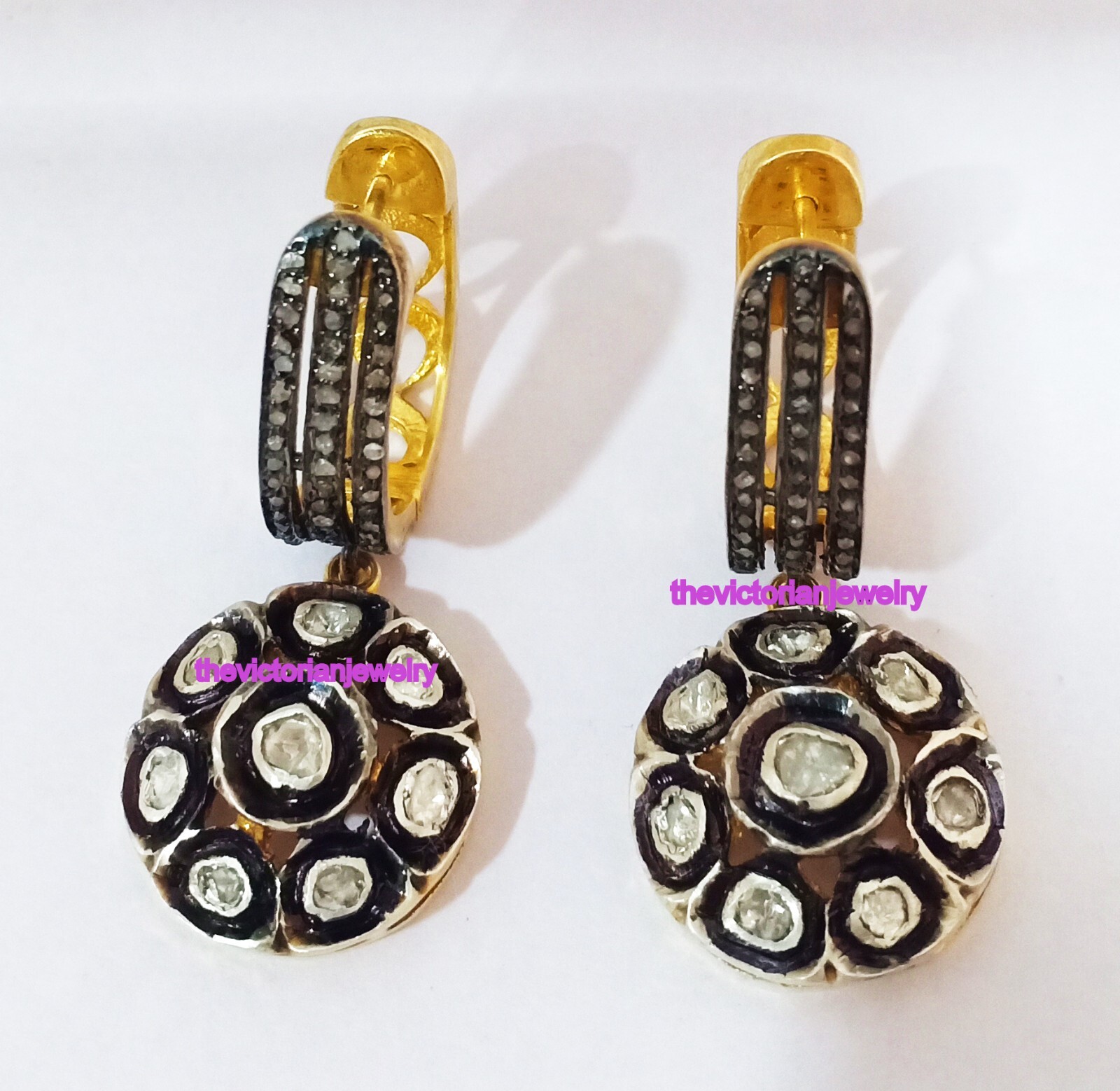 Victorian Indian Style Earring Gift Polki Pave Diamond 925 Sterling Silver