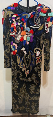Pinky Creations Women Silk Beaded Dress Black Multi Medium Braid Hand Made