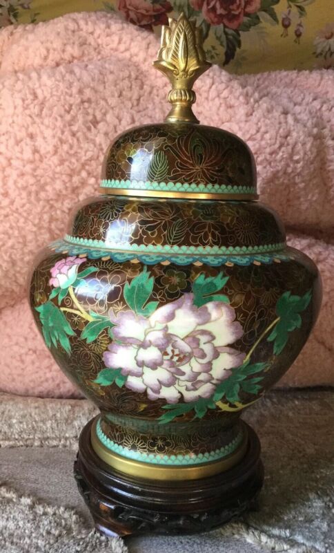 Stunning Vintage Large Cloisonne Metal Ginger Jar Floral Urn