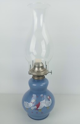 Kaadan Ltd 1980 Blue Oil Lamp Ducks/Geese With Shade & Wick EUC