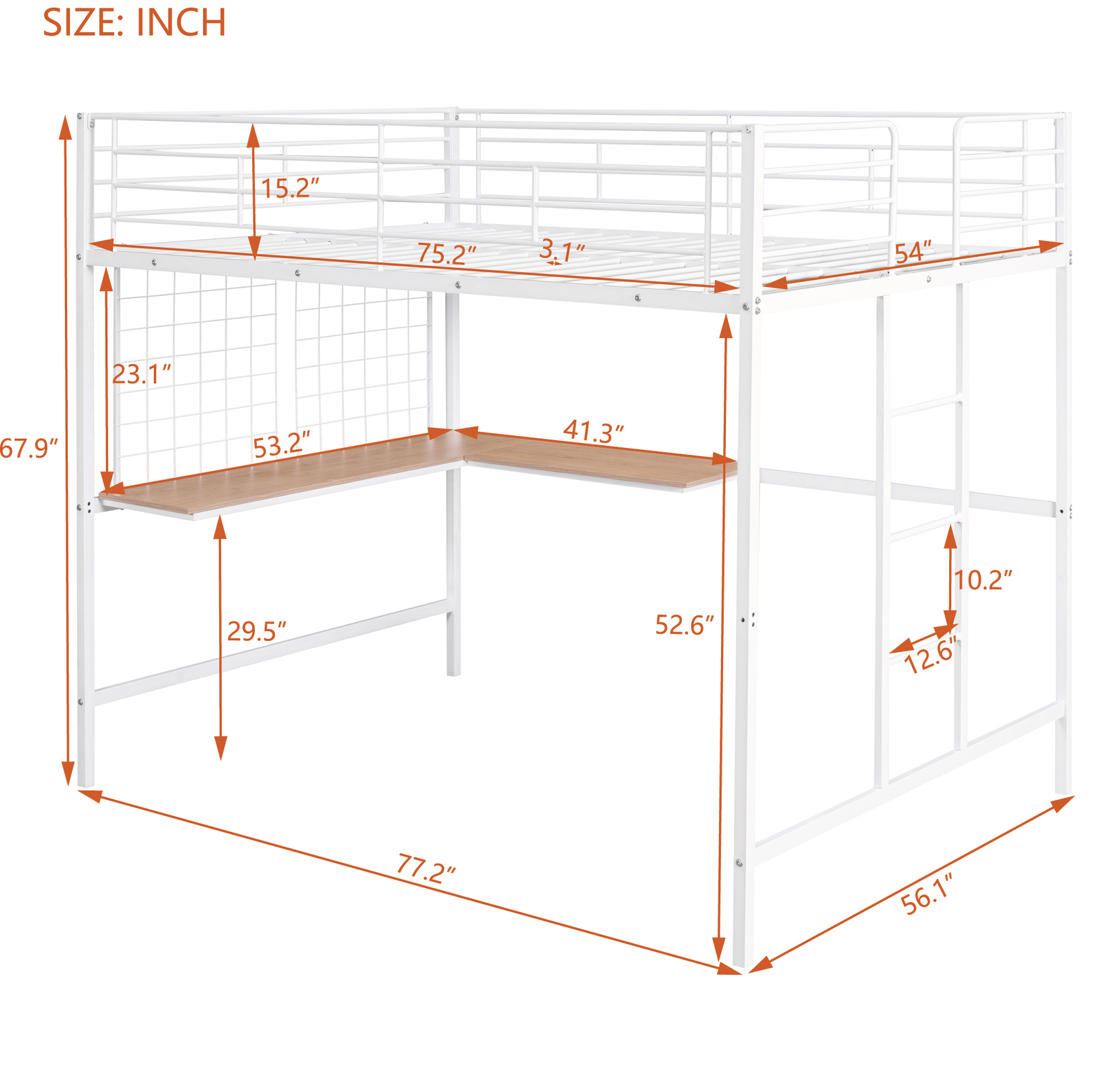 Twin/Full Kids Student Metal Loft Bed Frames with Desk Platform and Metal Grid