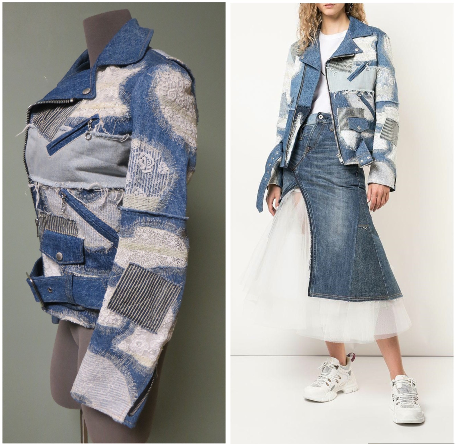 Junya Watanabe Frayed Denim Patchwork Biker Jacket XS