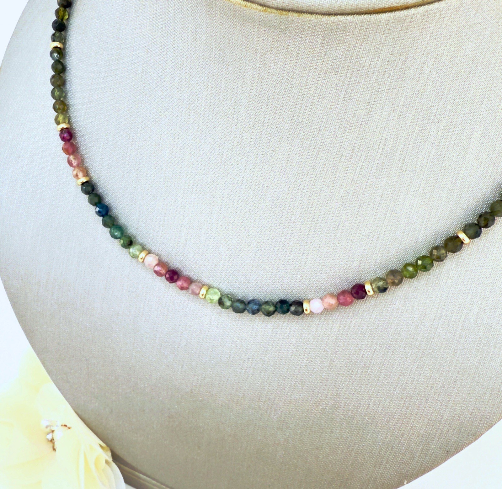 14k Yellow Gold Multicolor Tourmaline Bead Necklace, New 16