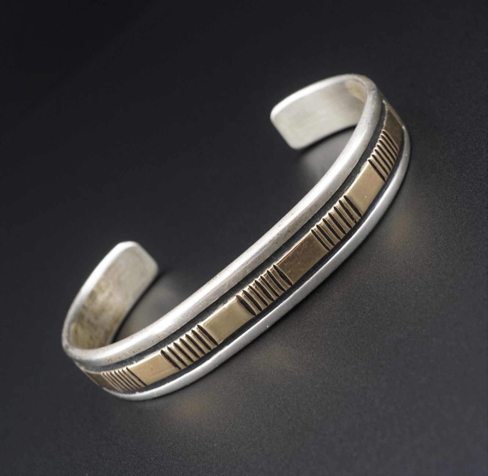 Navajo Bruce Morgan Sterling Silver 14k Gold Etched Cuff Navajo Bruce Morgan Sterling Silver 14k Gold Etched Cuff