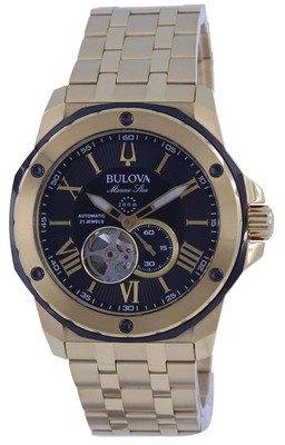 Pre-owned Bulova Marine Star Open Heart Black Dial Automatic Diver 98a273 200m Mens Watch