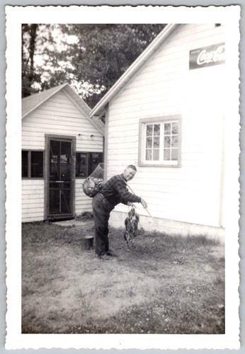 Vtg B&W Snapshot Man Hunter Holding Dead Ducks Game Birds Cabin Coca-Cola Sign