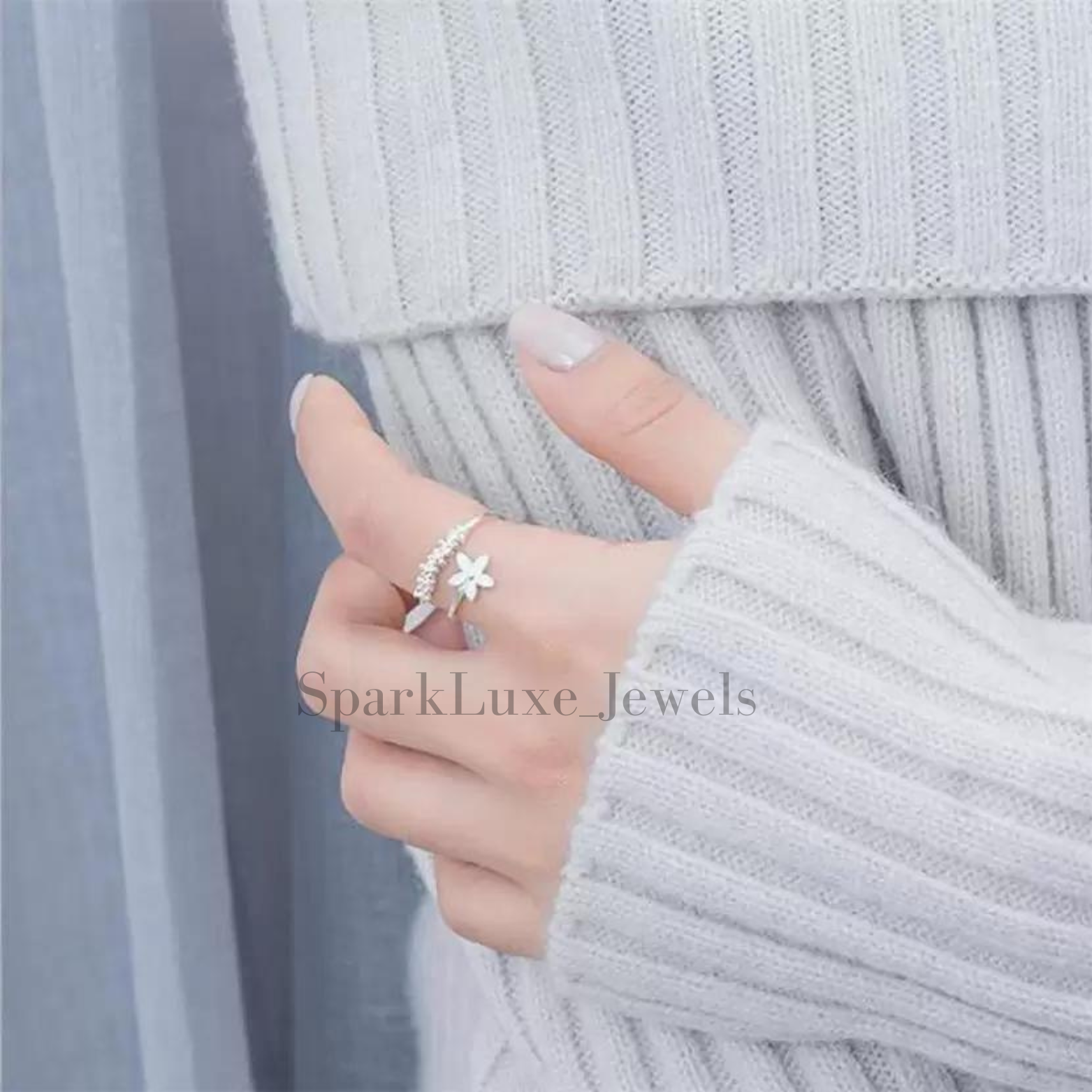 925 silver flower adjustable ring index finger ring Silver