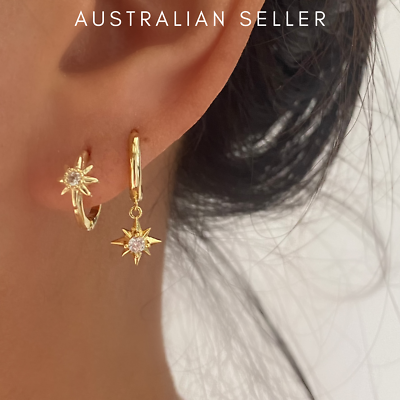 Gold Stud Starburst Hoop Earrings 925 Sterling Silver Huggie 18ct