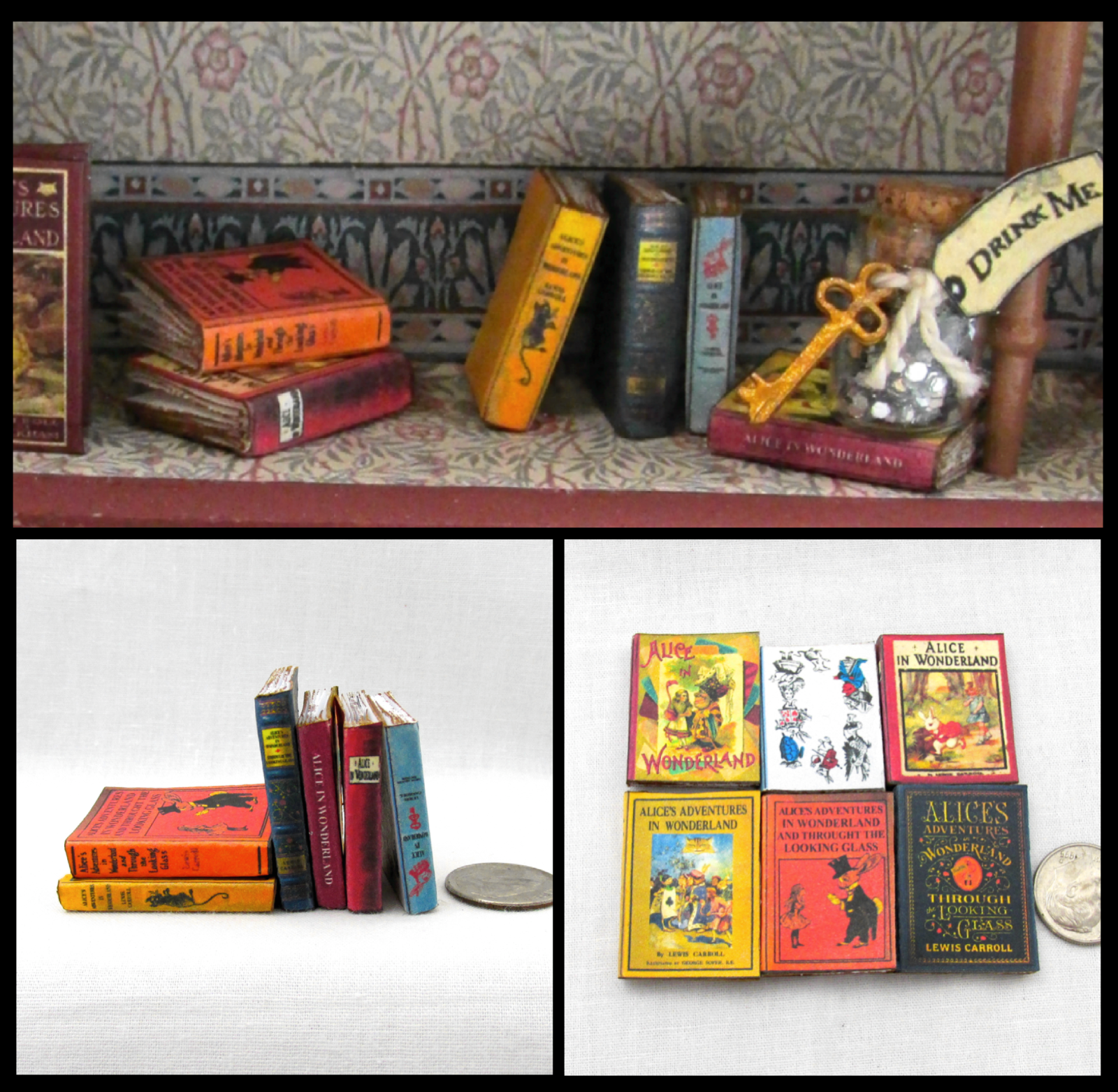 6 ALICE IN WONDERLAND Dollhouse Miniature Books 1:12 Scale PROP Faux Bookshelf