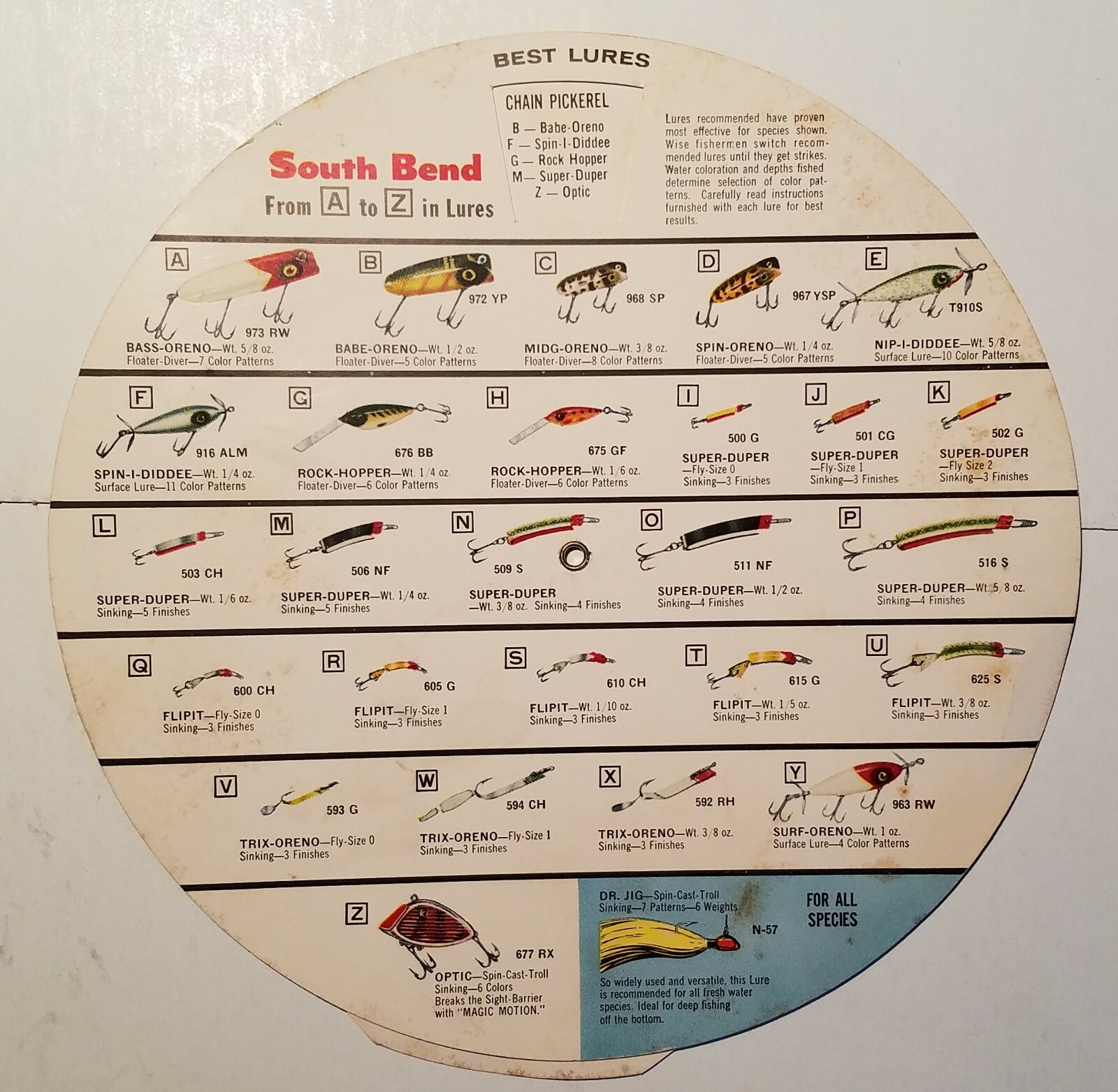 1959 South Bend FISHING DIAL for 18 species of fish, Bait, tackle, lures, weight
