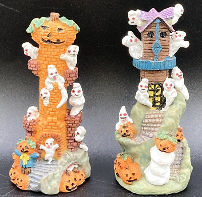 Halloween Ghost Pumpkins Haunted House Spooky Figurines Set Of 2 Small 4'' Tall