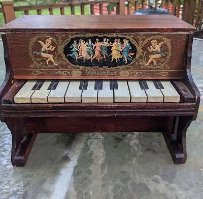 Antique SCHOENHUT Wood Child's Toy 10 Key Piano Cherubs Dancing Ladies Working