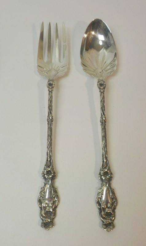 Whiting LILY Sterling Silver 11.75" Salad Servers, Fork & Spoon,