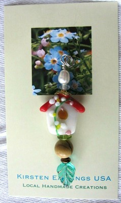 Happy Little Bird House Pendant of Lampwork Beaded Kirsten USA America Made Gift