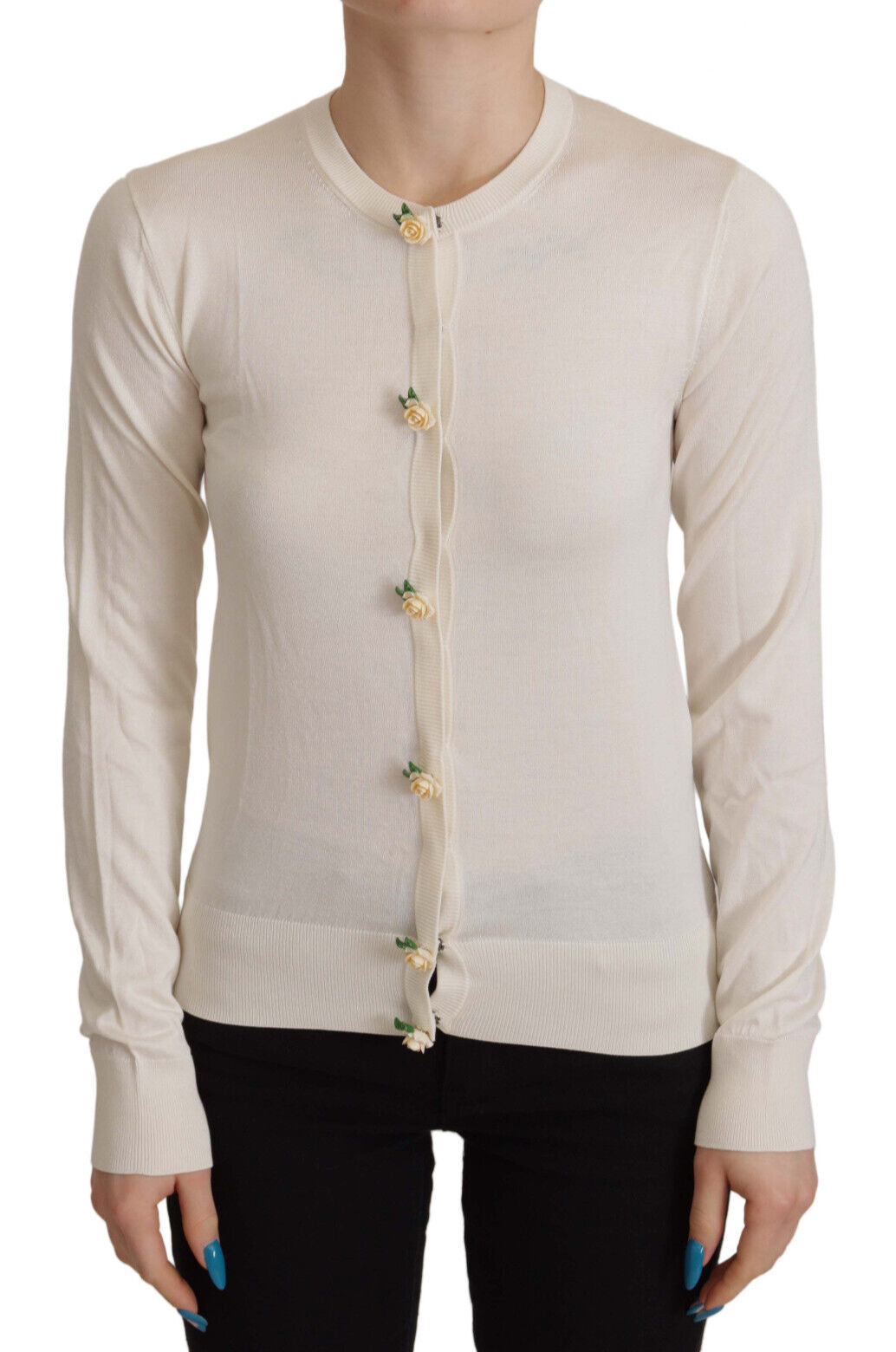 Pre-owned Dolce & Gabbana Sweater White Silk Knit Rose Button Cardigan It44/ Us10/ L $1500