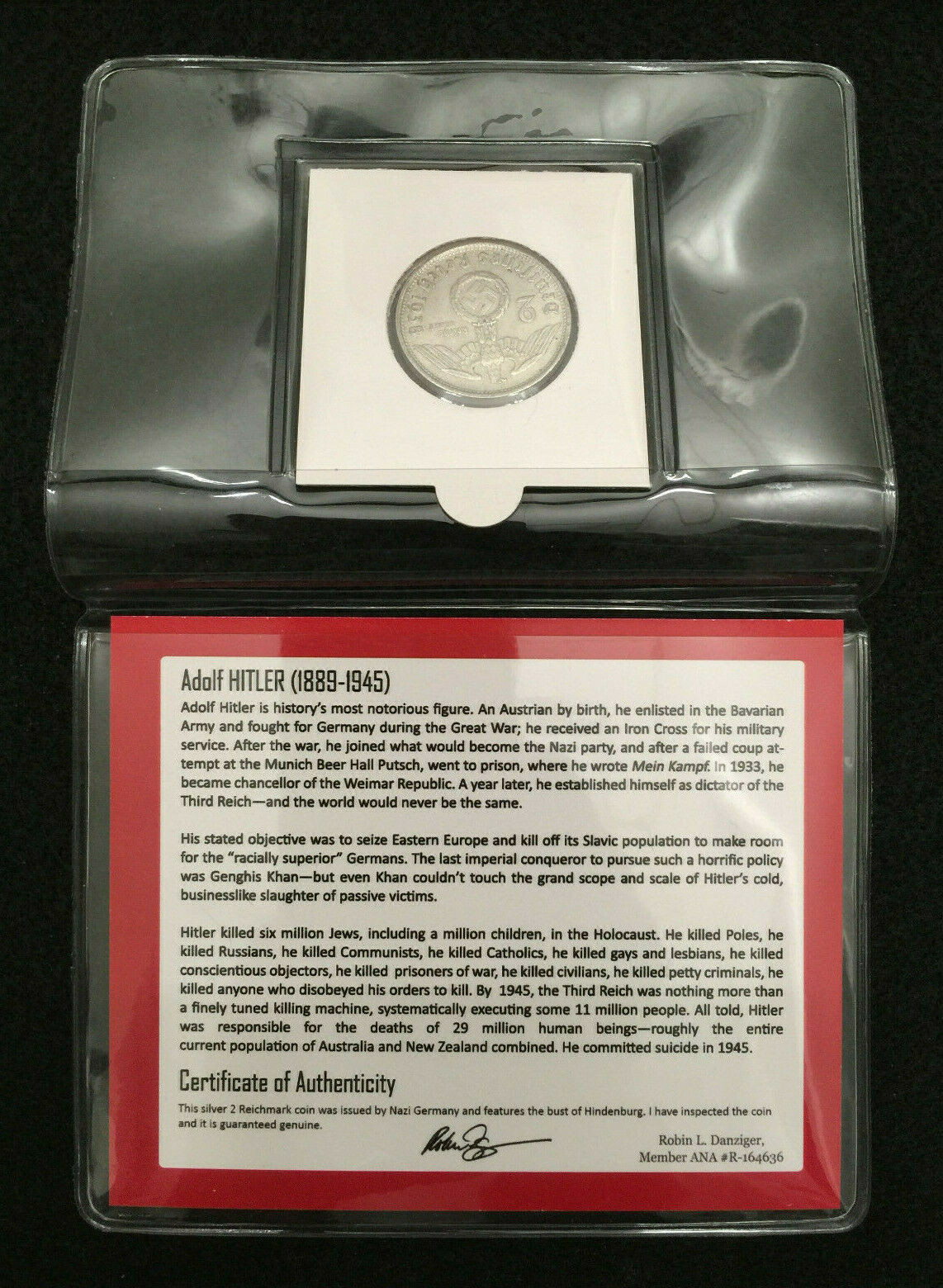 Rare WWII German 2 Reichsmark SILVER Coin CERTIFIED, Mini Album,Holder, COA Incl