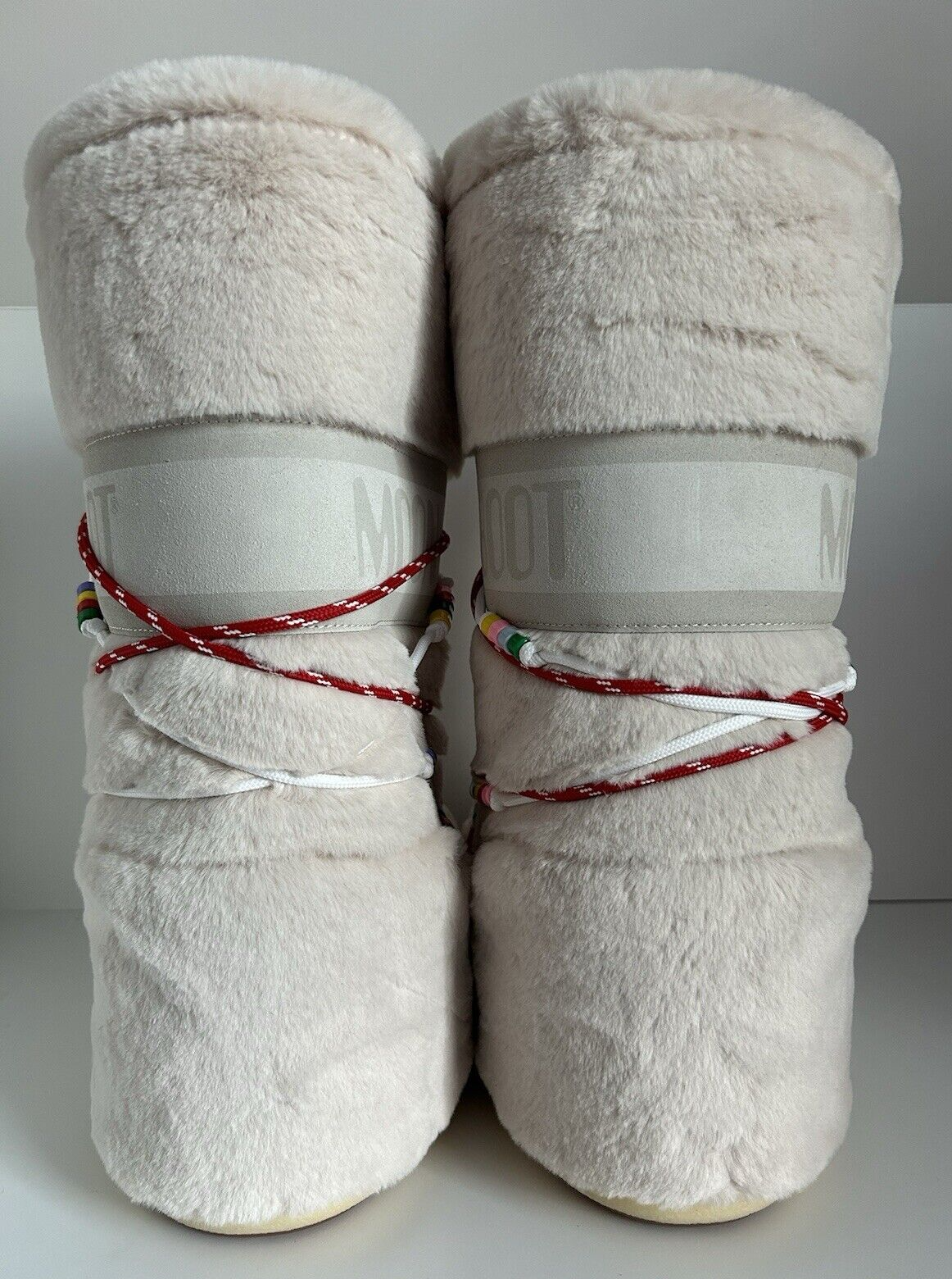 Pre-owned Moon Boot $595 Technica Original  Icon Cream Faux-fur Beads Us 10/11.5 In White