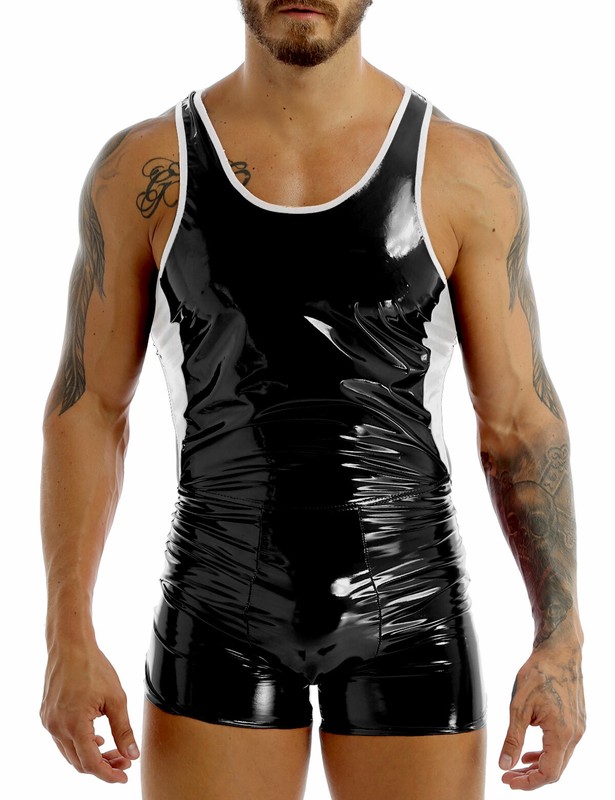UK Men WetLook PVC Leather Short Leotard Bodysuit Stage Catsuit