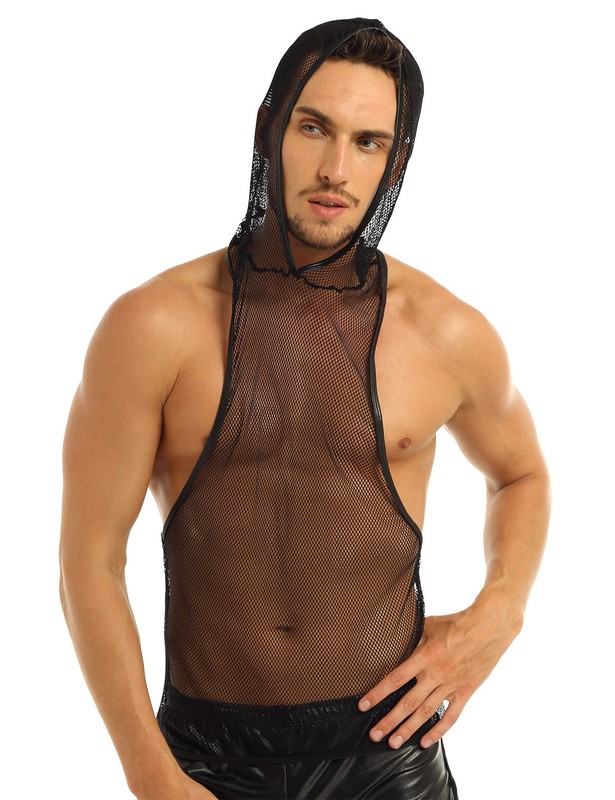 CHICTRY Mens See-Through Mesh Fishnet Vest Stringer Hoodie