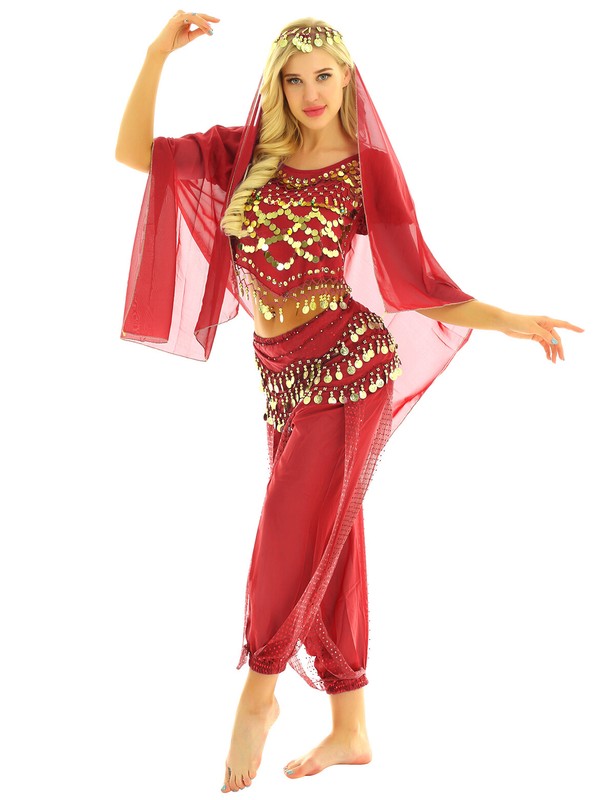 Mädchen Bauchtanz Kostüm Set - Pailletten Crop Top Mit Pumphose, Orientalisch