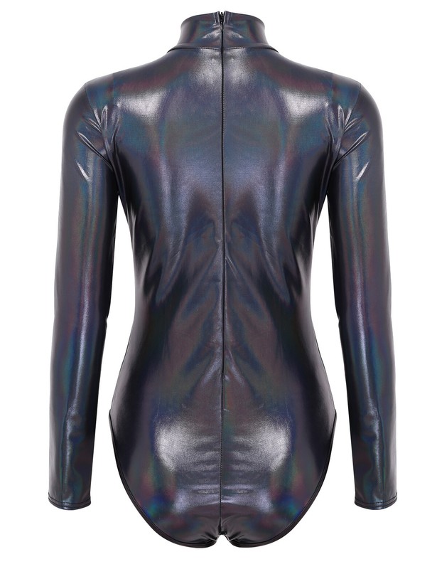 Women's Shiny Metallic Bodycon Leotard Holographic Bodysuit Party Night