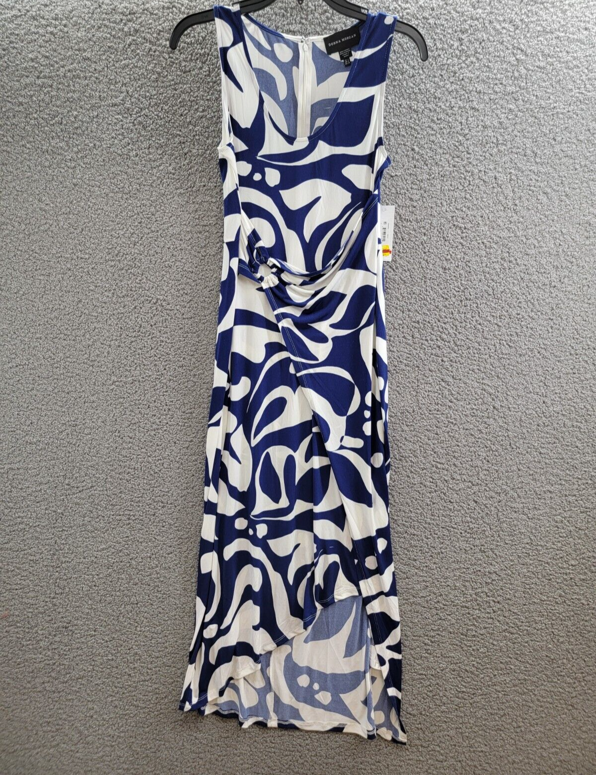 Donna Morgan Printed Wrap-Waist Asymmetric Dress Women's 2 Navy/Soft White - Picture 2 of 16
