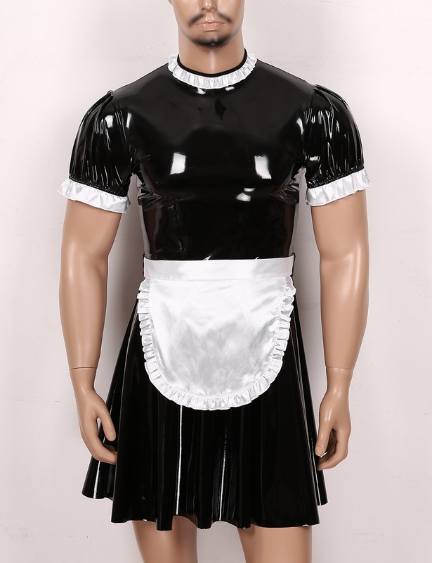 Mens Wetlook Leather Maid Bodysuit Role Play Cosplay Fancy Dress Outfit
