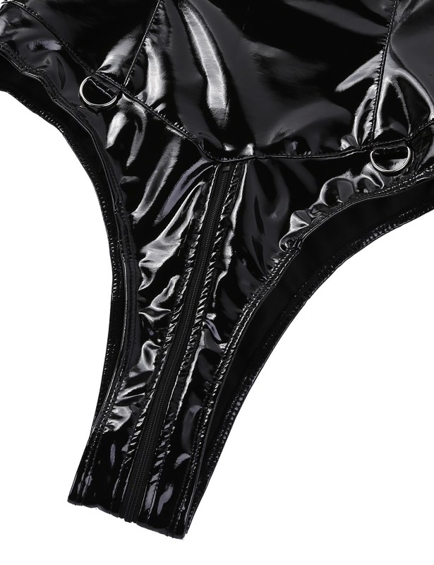 US Womens Latex Leather Turtle Neck Bodysuit Catsuit Zip Crotch Leotard Clubwear